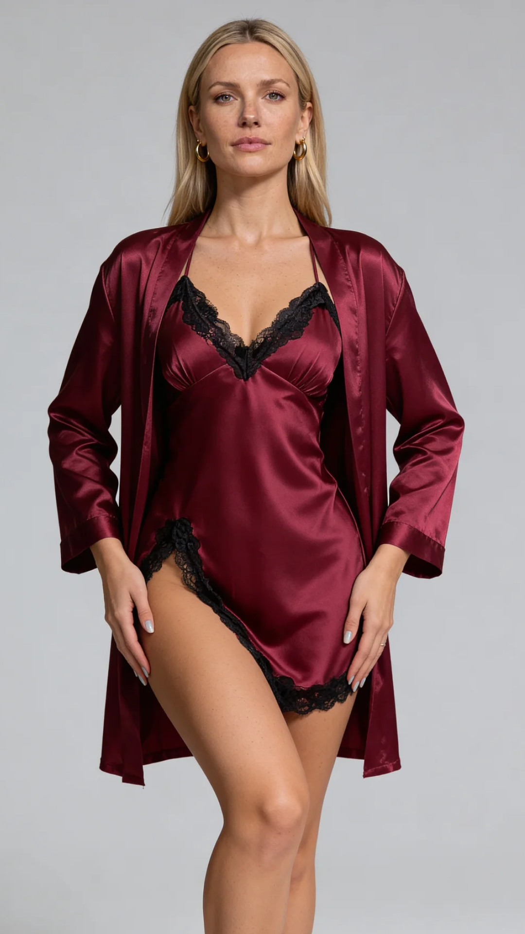 Elvira Robe & V-Neck Lace Slip Set